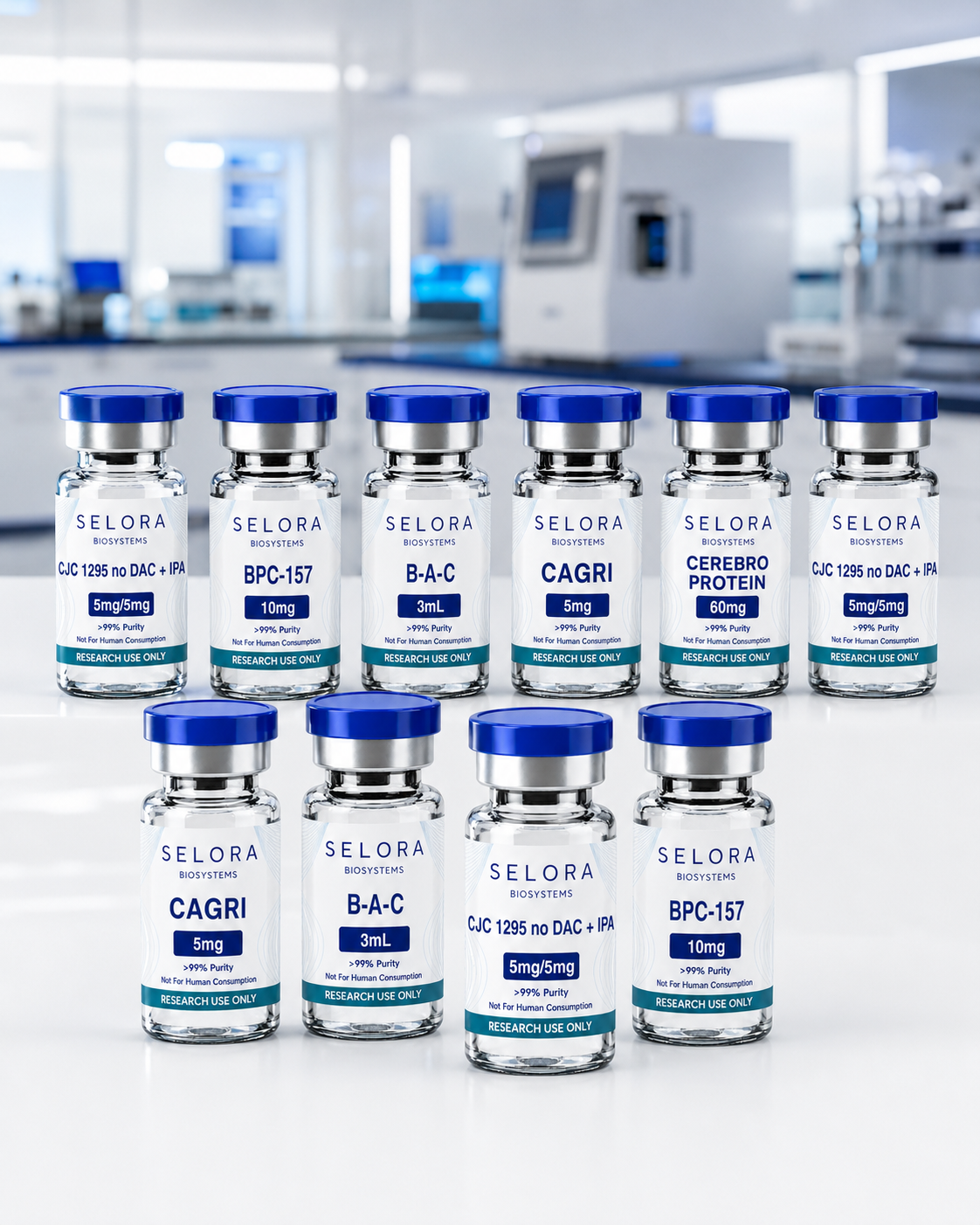 Labelled Selora BioSystems research vials with greater than 99 percent purity and Research Use Only markings arranged in a laboratory setting